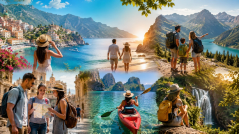 Voyageurs pratiquant différentes activités de vacances entre plage, montagne, ville et nature