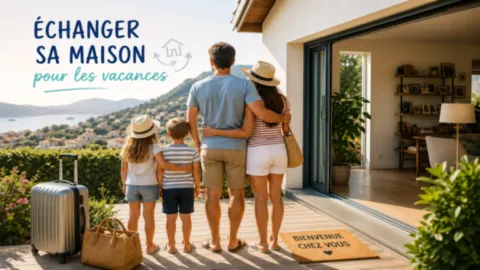 Échange de maison pour les vacances avec une famille devant un hébergement