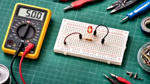 Composants électroniques avec breadboard et multimètre pour apprendre l’électronique