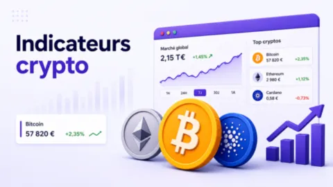 Illustration d’un tableau de bord crypto avec Bitcoin, Ethereum, graphiques d’évolution et indicateurs financiers.
