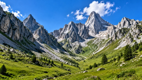 Chaîne de montagnes aux sommets rocheux dominant une vallée alpine verdoyante