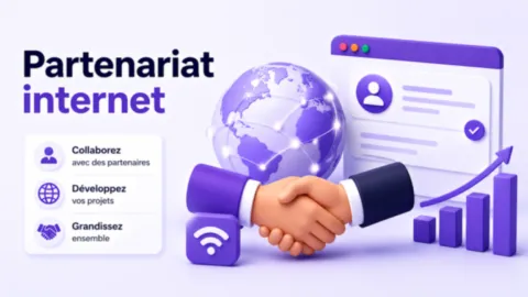 Illustration d’un partenariat internet avec poignée de main, réseau mondial et développement de projets web.