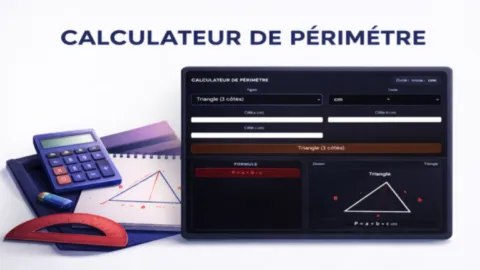 Illustration d’un calculateur de périmètre affichant une figure géométrique avec ses côtés et la formule correspondante, permettant de comprendre comment calculer la longueur du contour d’un triangle, d’un carré ou d’un rectangle.