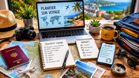 Préparation de voyage avec checklist, budget, documents, réservations, valise et organisation des vacances.