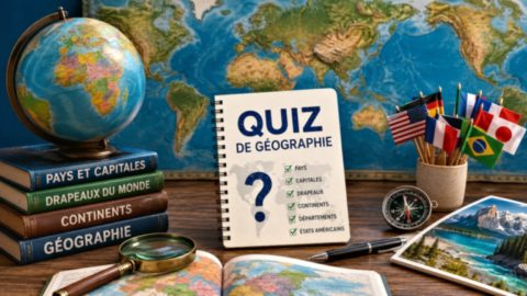 Illustration représentant des quiz de géographie sur les pays, les capitales, les drapeaux, les continents et les cartes du monde