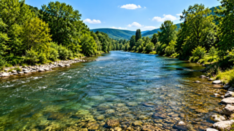 Rivière serpentant à travers une vallée verdoyante aux eaux limpides