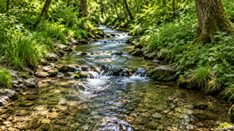 Ruisseau traversant une forêt avec une eau claire et des rochers