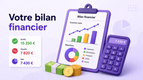 Illustration d’un tableau de bord financier avec bilan, graphiques, calculatrice et suivi des revenus et dépenses.