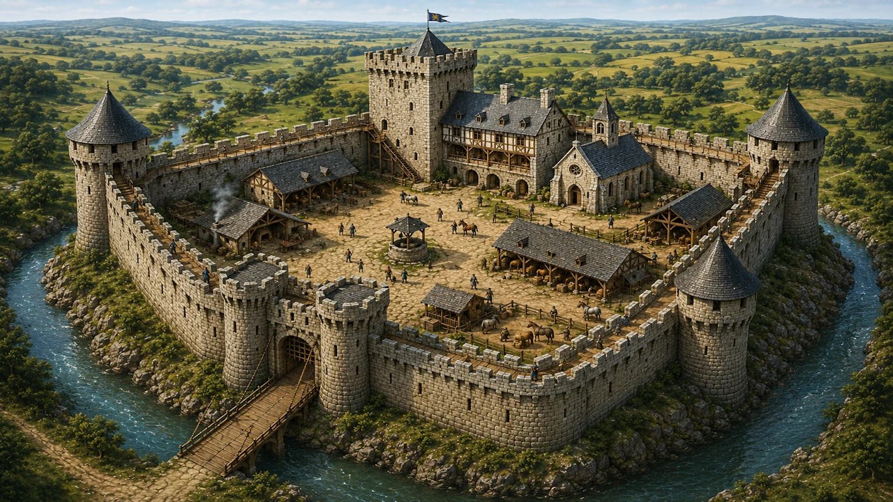 Château fort interactif avec donjon, tours, chapelle, remparts, fossé, herse et pont-levis